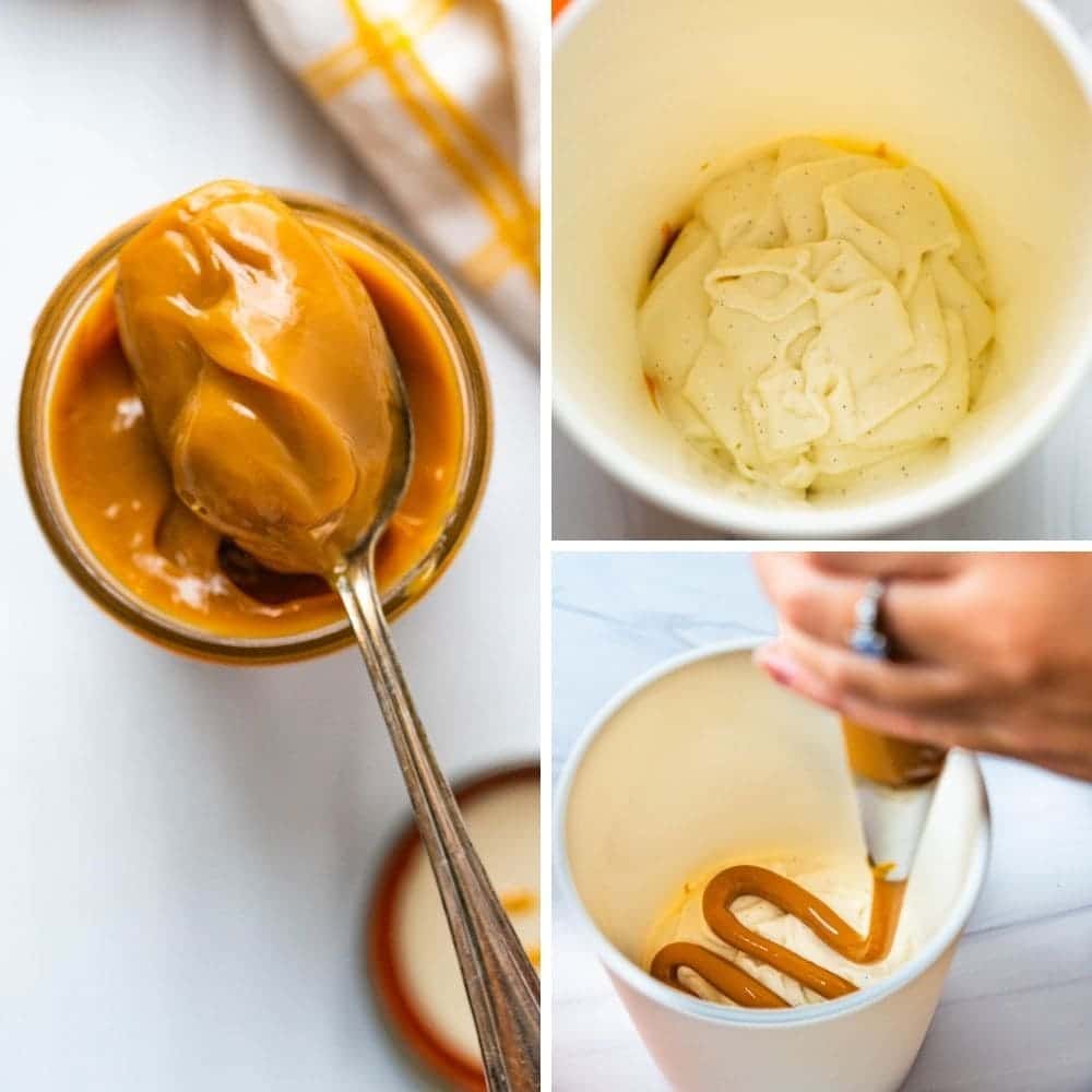 dulce de leche being layered into the ice cream.
