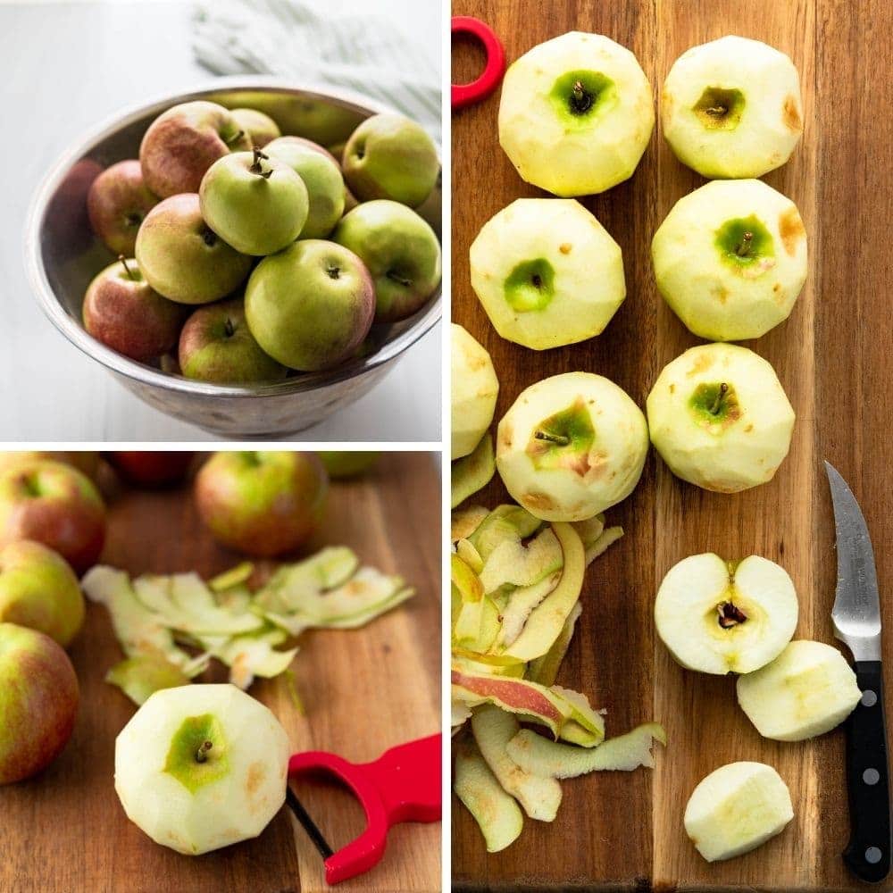 Peeling and chopping McIntosh apples for the fruit jam.