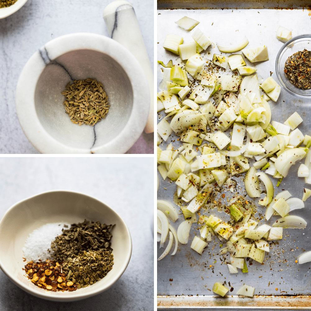 making Italian spice blend and coating the onions and fennel.