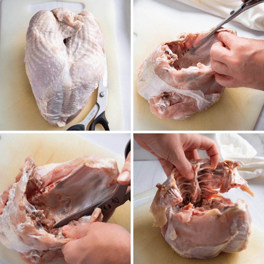 Removing the back bone of the turkey breast.