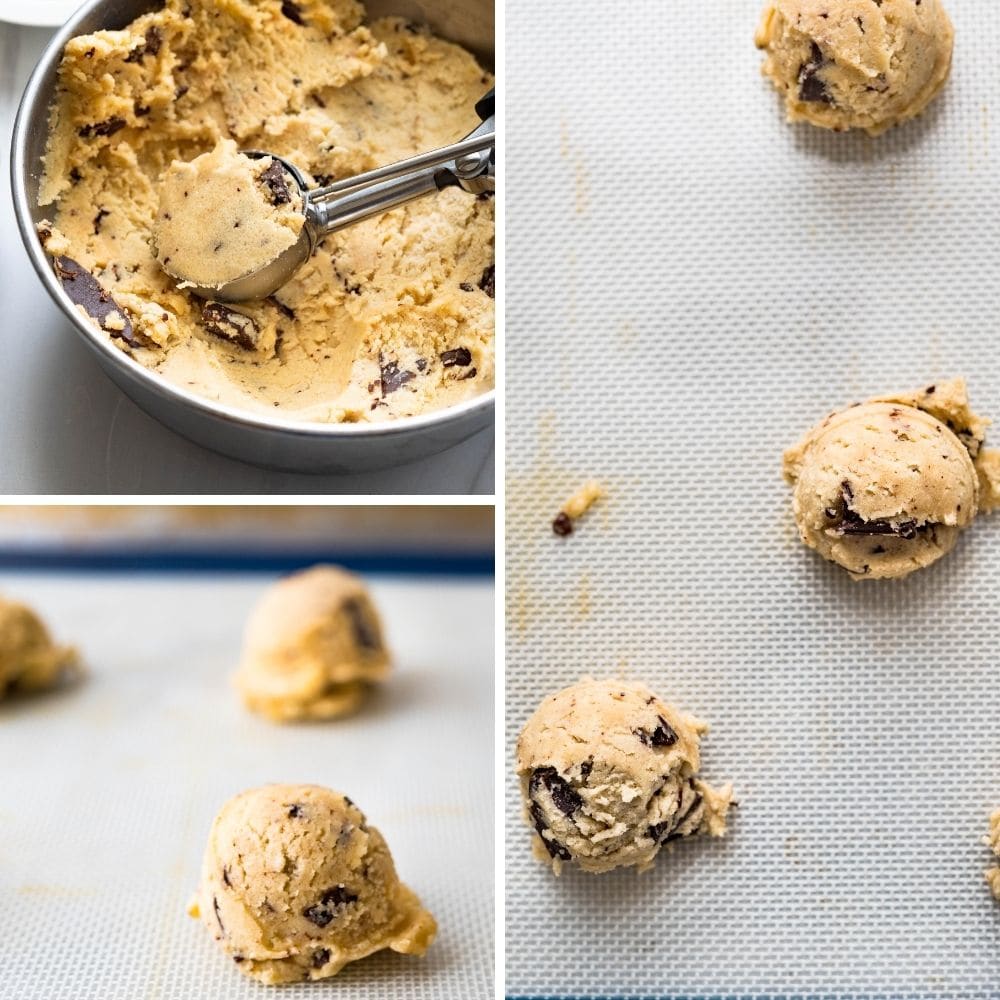 Scooping chilled cookie dough onto a silpat. 