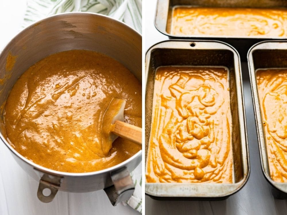 spooning pumpkin spice batter into loaf pans.
