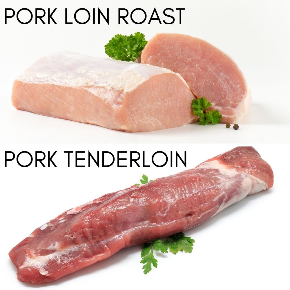 A photo showing the difference between a pork loin roast and a pork tenderloin.