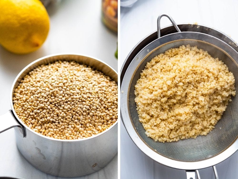 cooked fluffy quinoa in a strainer.