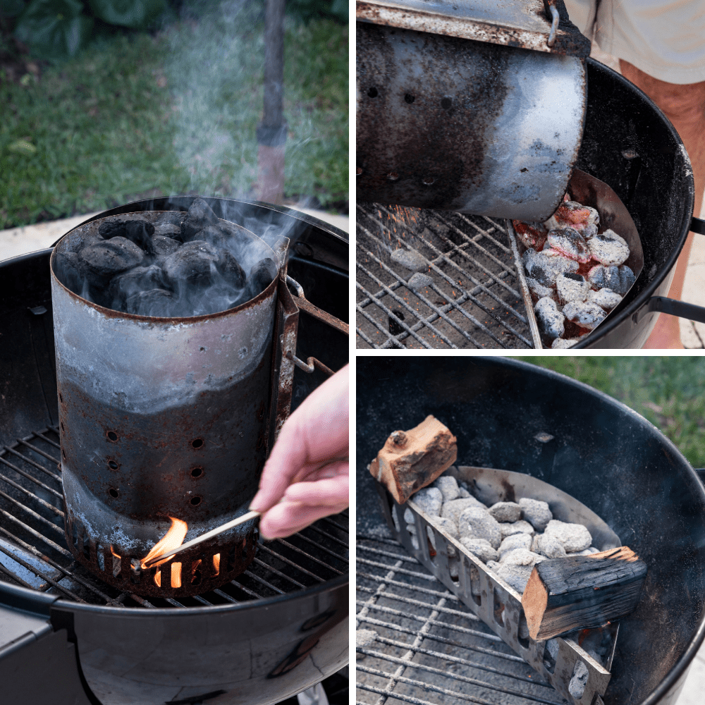 Lighting the charcoal, arranging cooking zones and adding wood chunks to the charcoal for smoking. Setting up the charcoal grill for smoking.