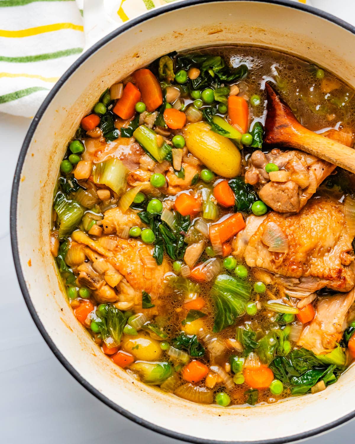 A dutch oven with braised chicken thighs.