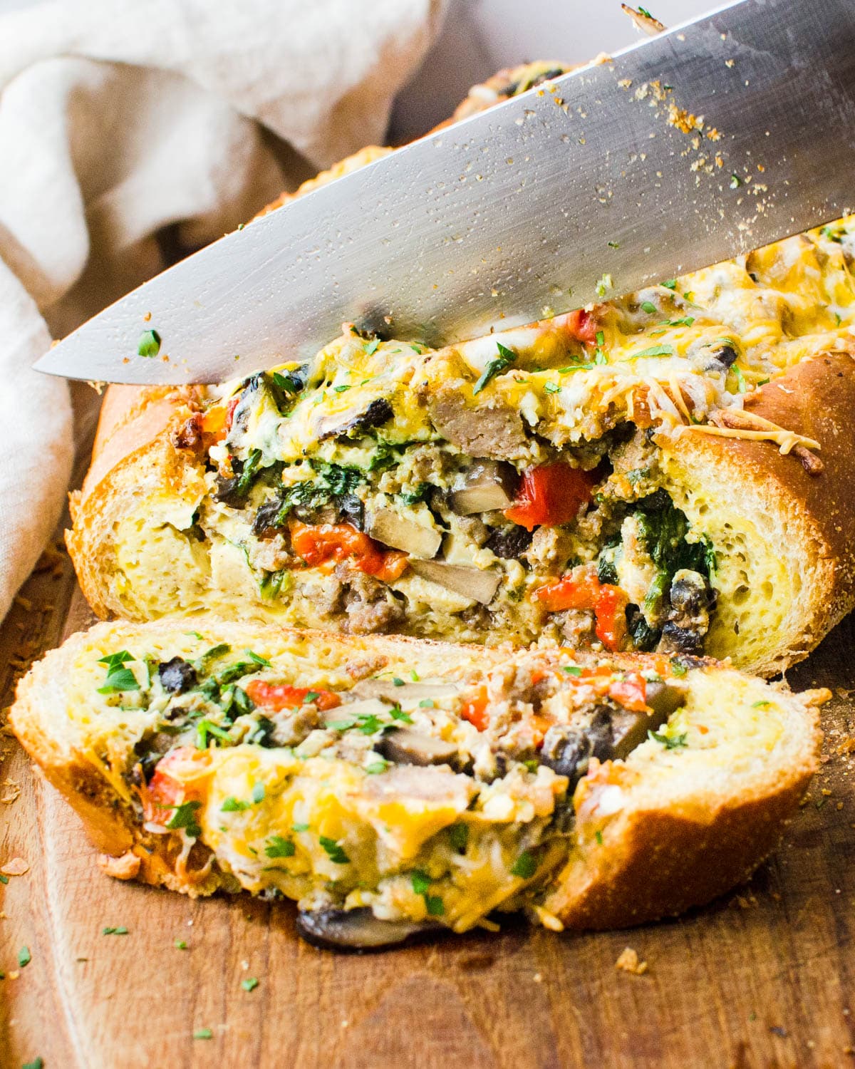 Easy Overnight Sausage Egg & Cheese Stuffed Bread Strata - Garlic and Zest