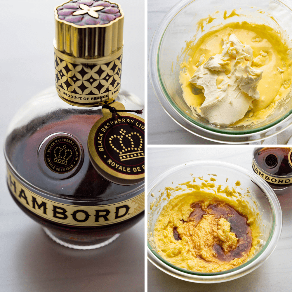 Blending mascarpone and Chambord with the egg mixture.
