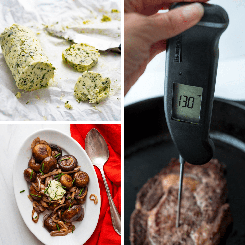 slicing béarnaise butter and taking the temperature of the ribeye steak.