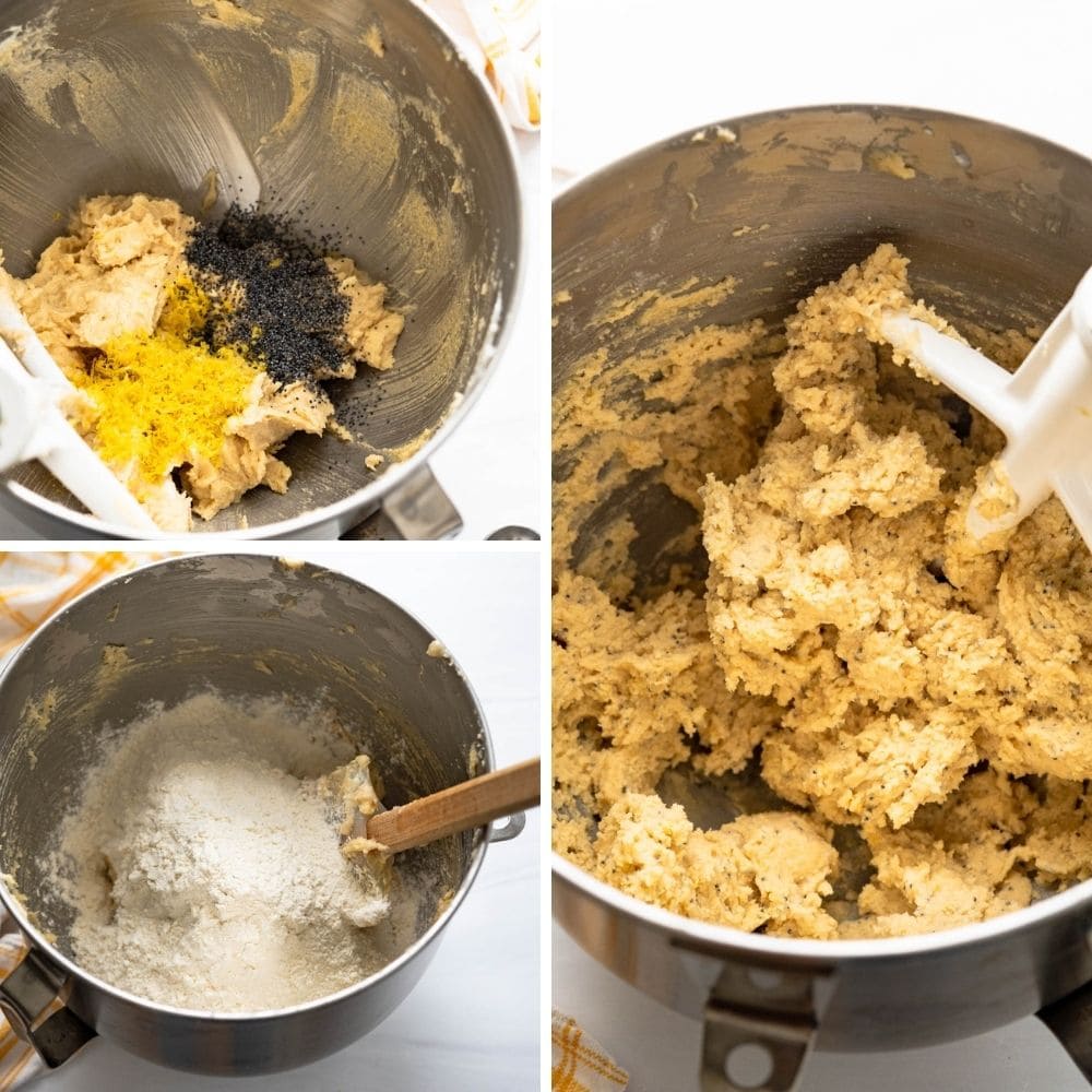 blending flour with the lemon poppyseed dough.