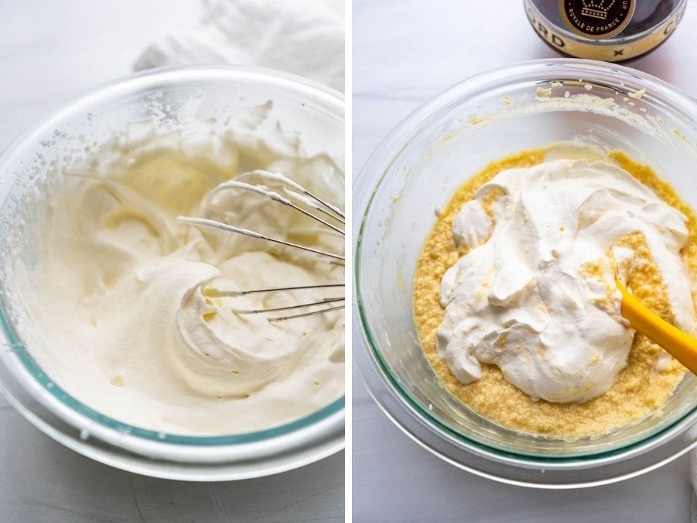 Folding whipped cream into the mascarpone and egg mixture.