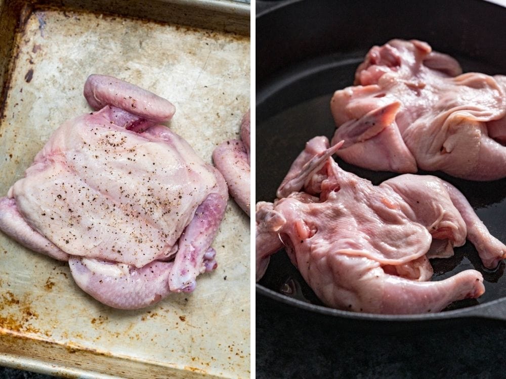 seasoning and searing the poussins in a cast iron skillet.