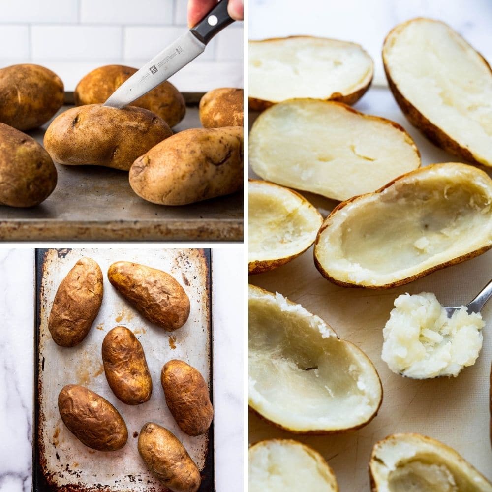 baking and scooping potato shells.