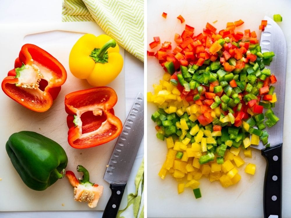 chopping a trio of bell peppers.