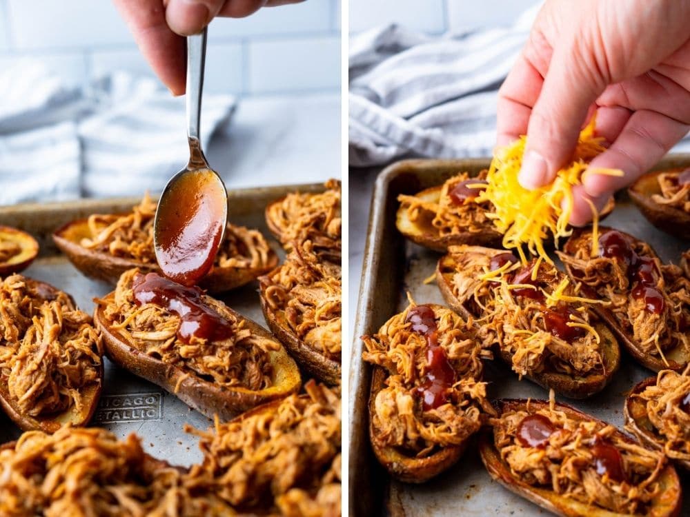topping stuffed potato skins with barbecue sauce and cheddar cheese.