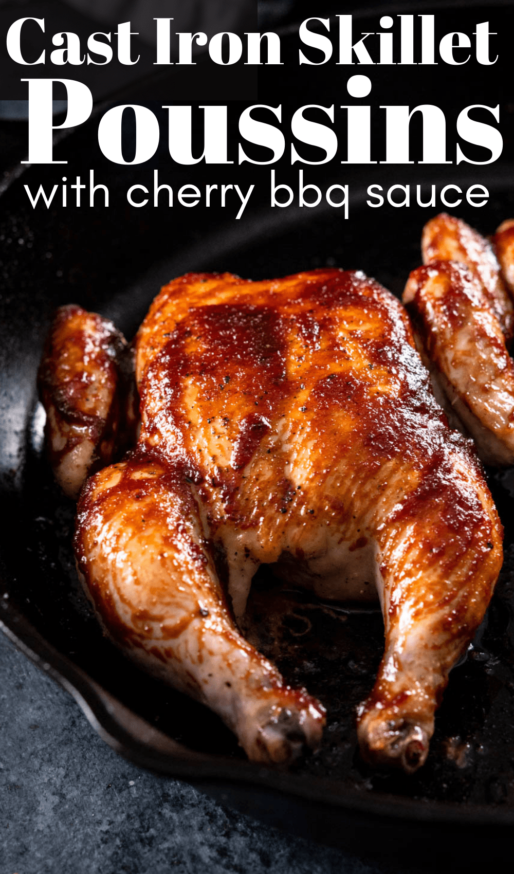a poussin in a skillet with bbq sauce.