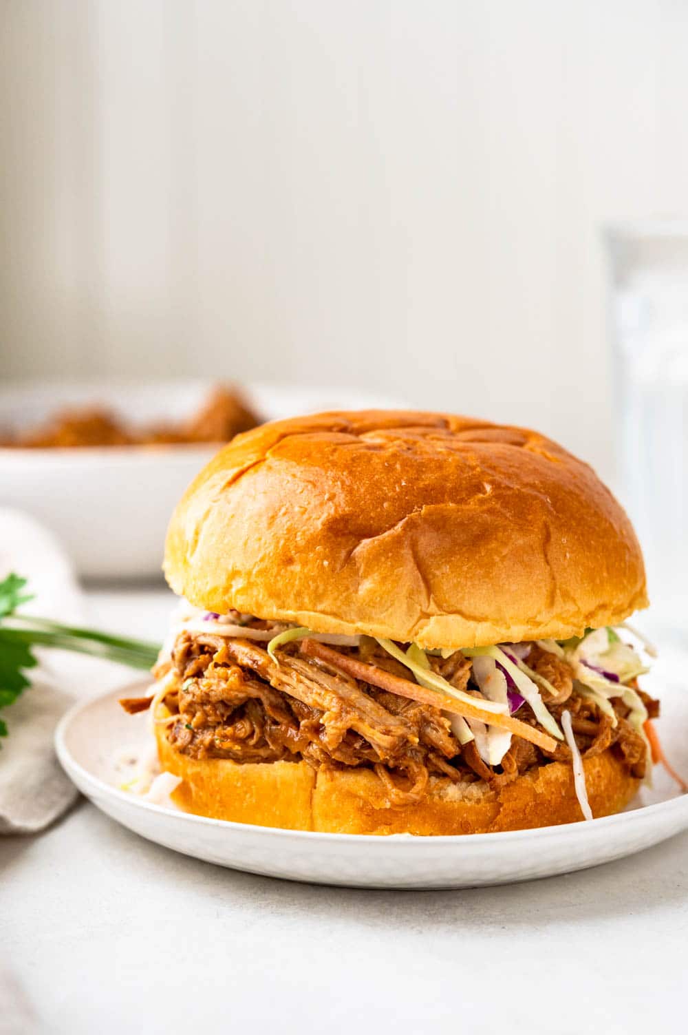 easy pulled pork sandwich with coleslaw.