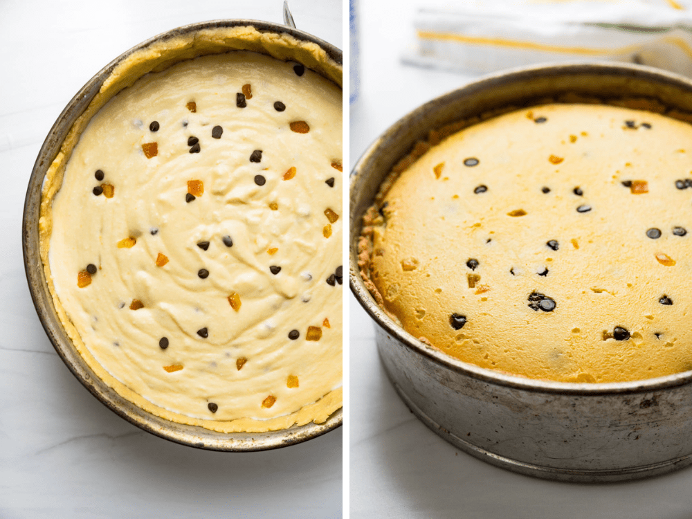 Ricotta pie before and after baking.