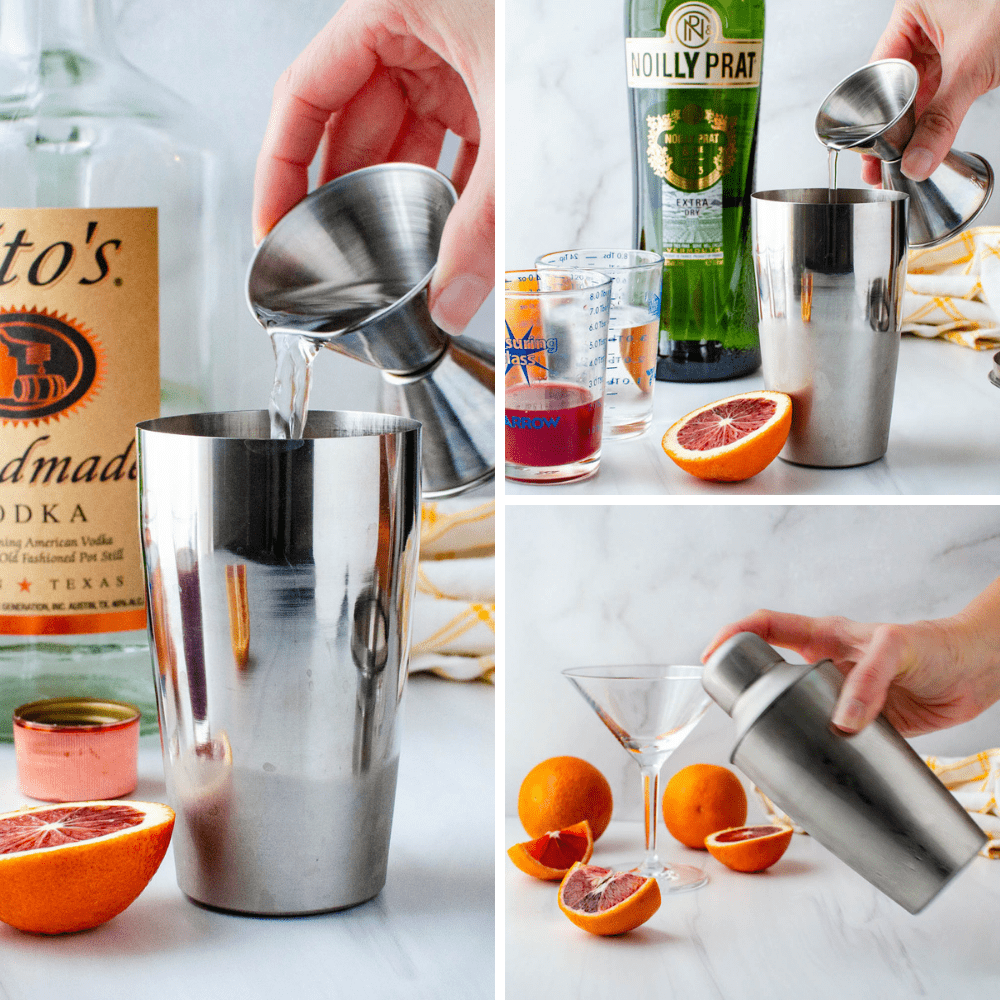 Adding vodka, vermouth & simple syrup to a shaker.