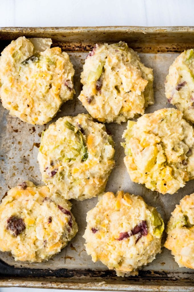 colcannon cakes on a baking sheet to refrigerate.