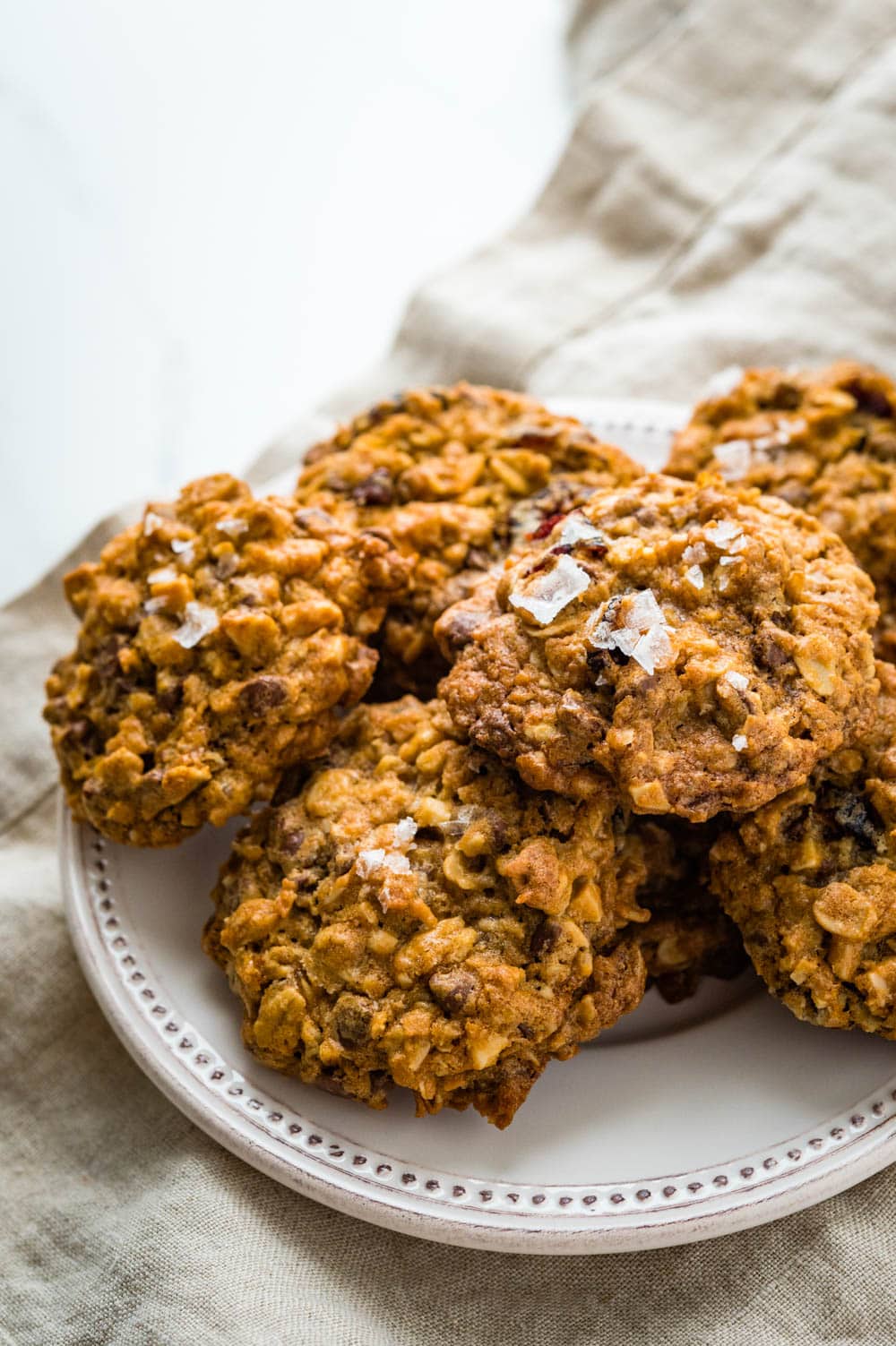 a plate of everything oatmeal cookies with sea salt.