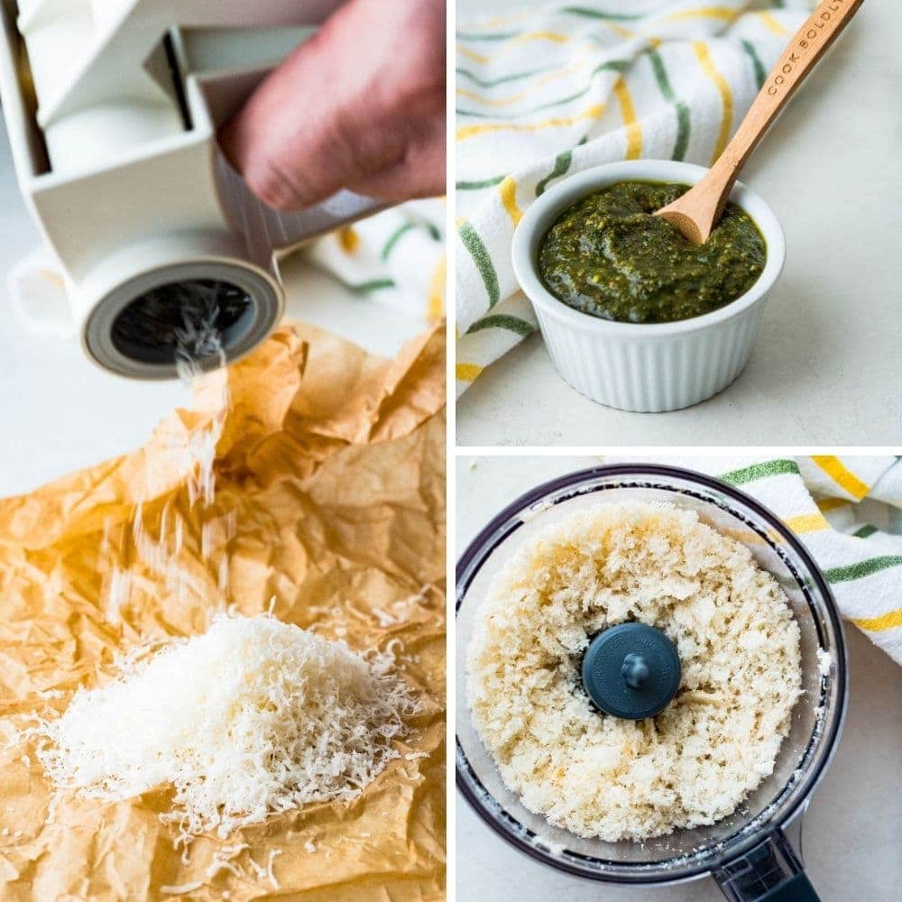 grating parmesan cheese, a photo of pesto and breadcrumbs.