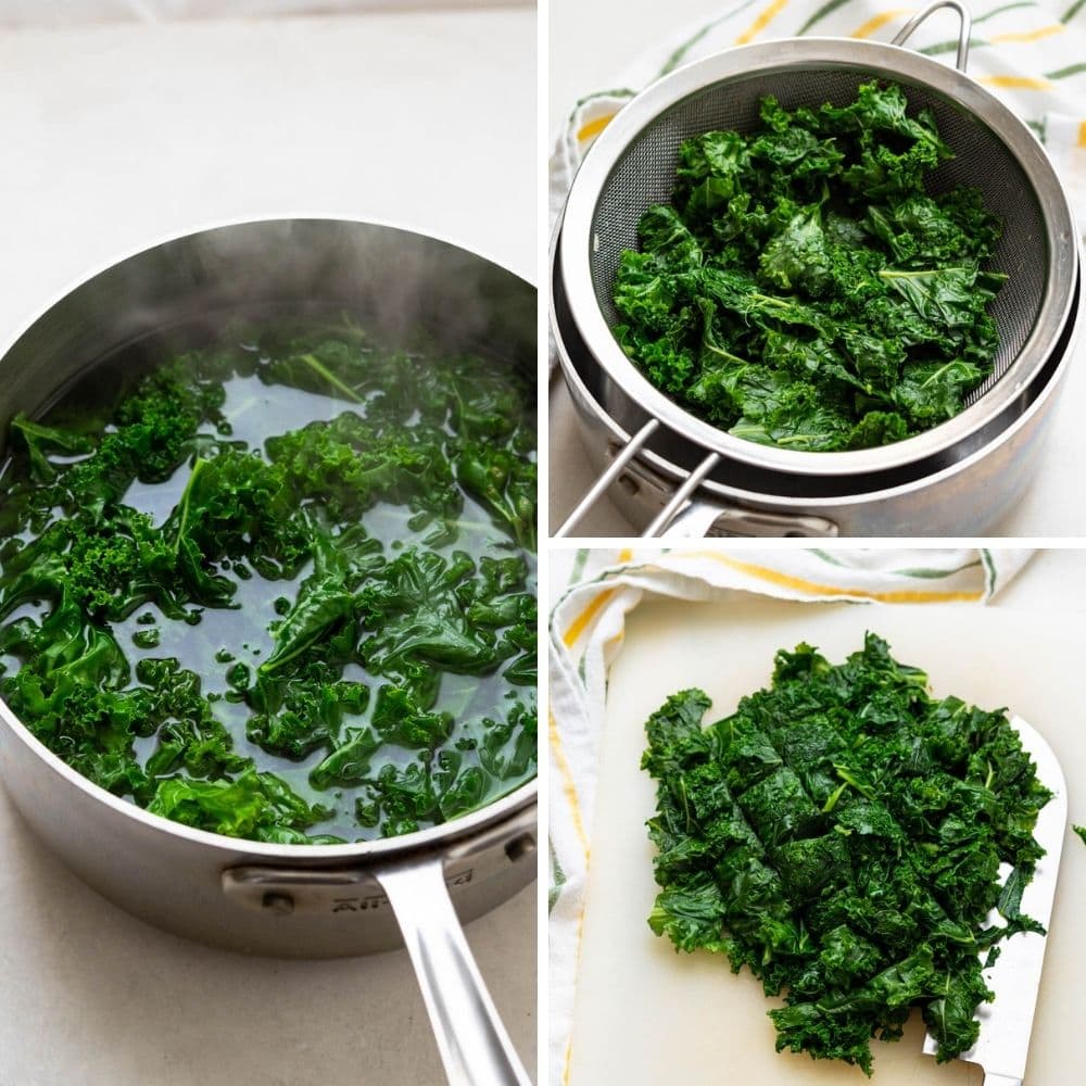 blanching, draining and chopping kale.