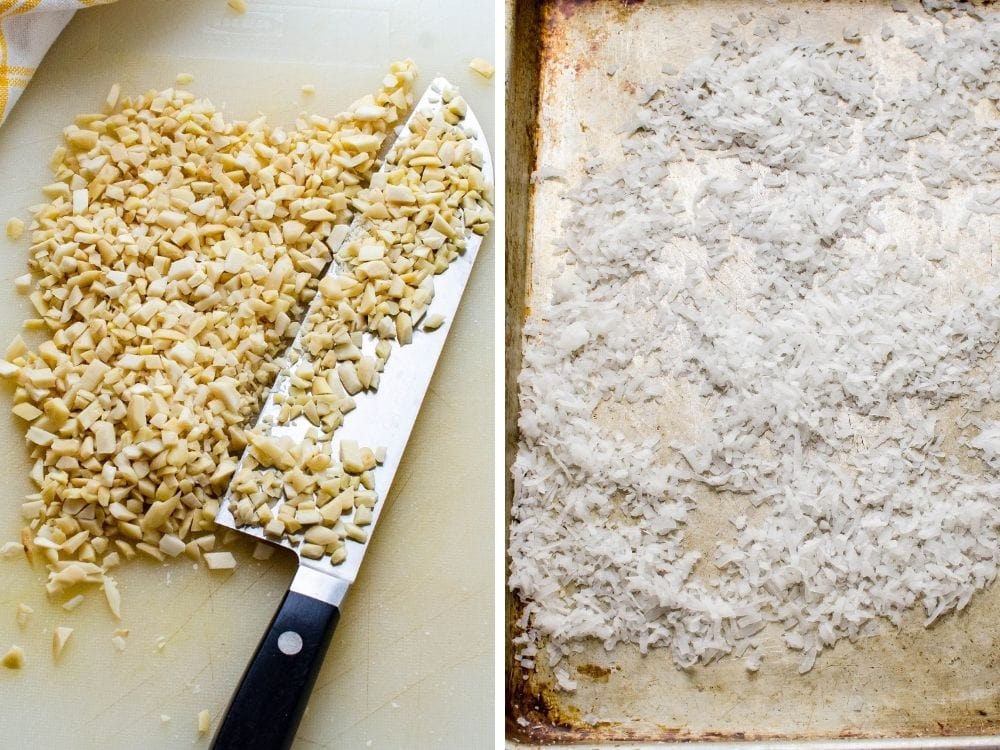 chopping almonds and toasting coconut on a sheet pan.