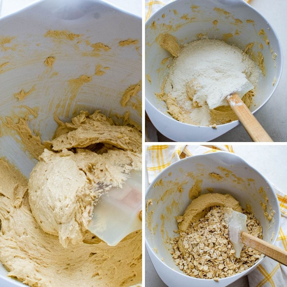 adding flour and oatmeal for the cookie dough.
