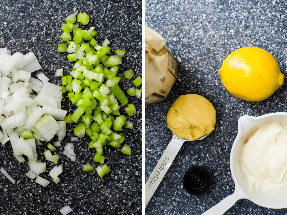 celery, onion, mayonnaise, lemon, worcestershire sauce for the recipe. 