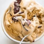 a bowl of espresso ice cream in a bowl with a spoon.