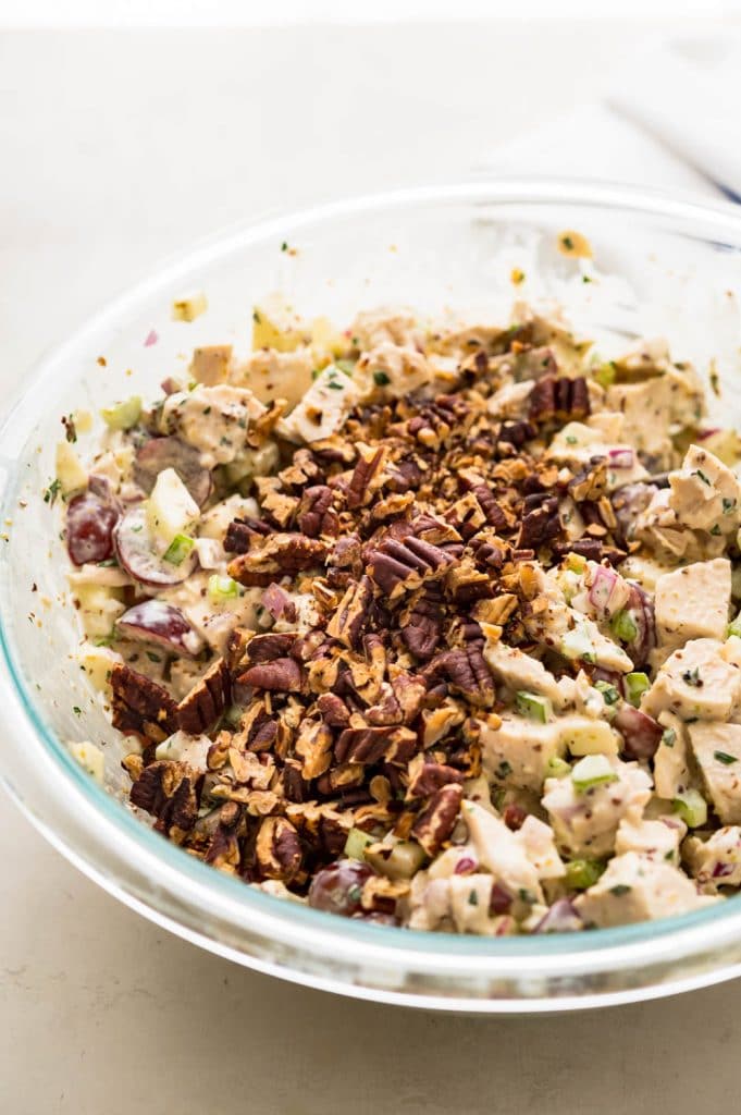 add pecans to the Waldorf chicken salad recipe at the last minute.