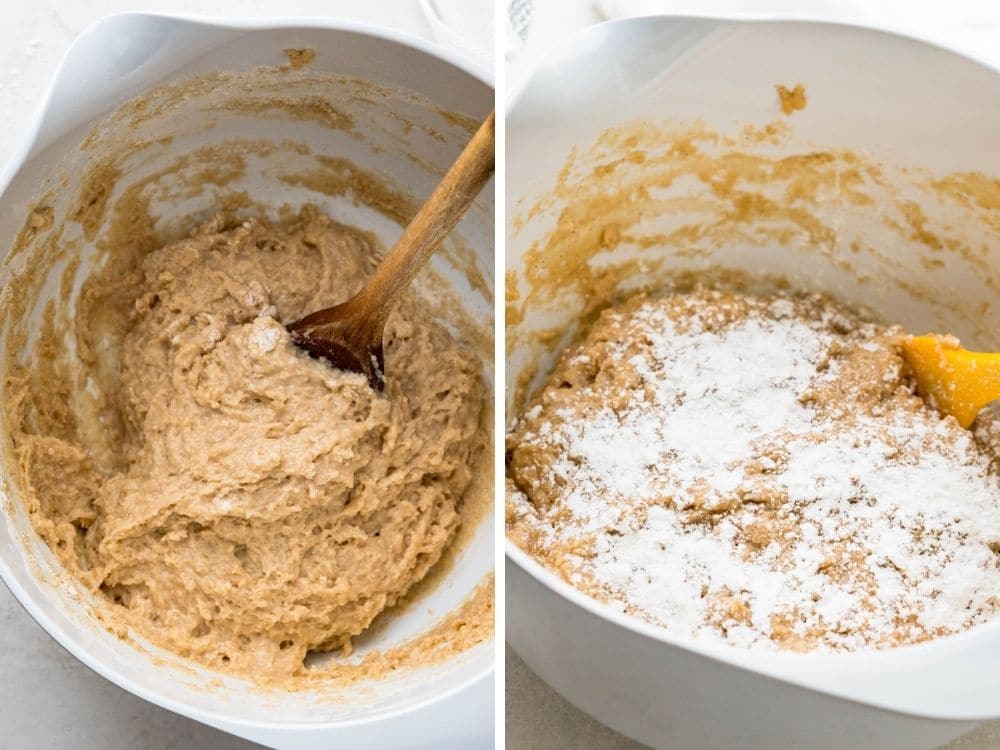 the yeast bread dough before resting, then after resting with baking powder added to it.