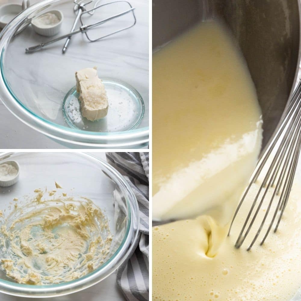combining the thickened custard with cream cheese.