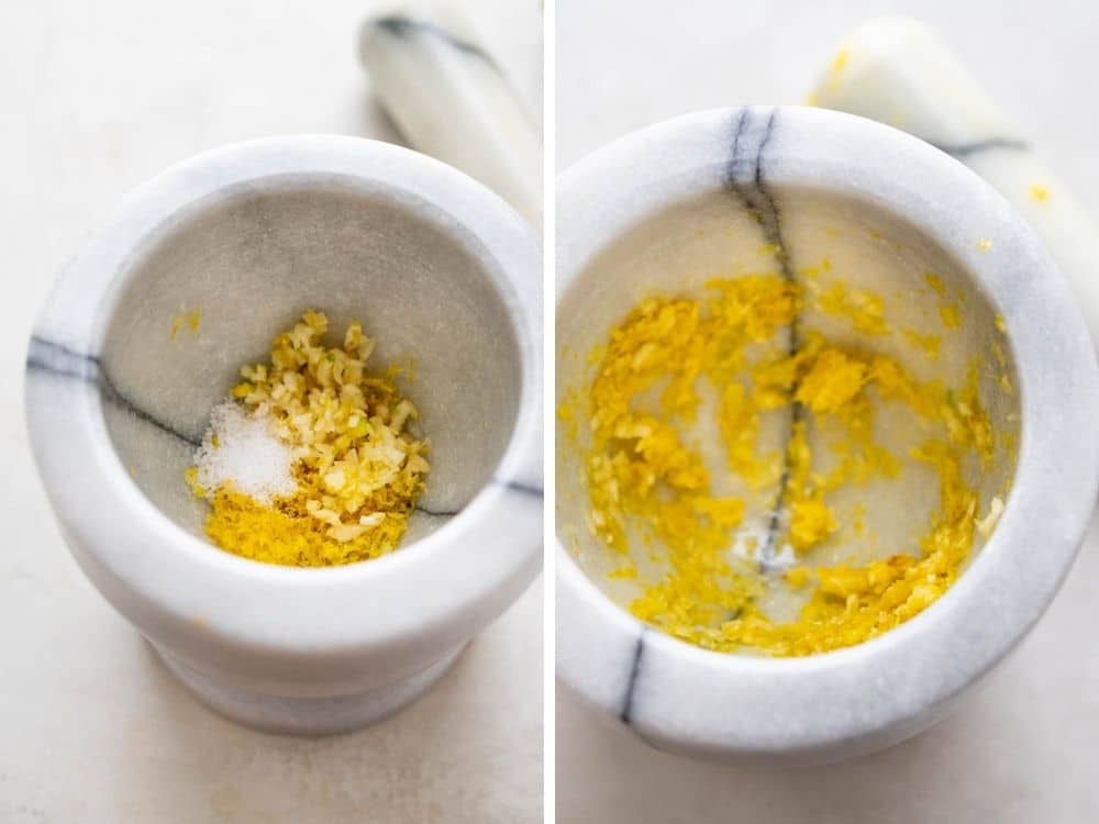 before and after garlic, lemon and kosher salt in a mortar.