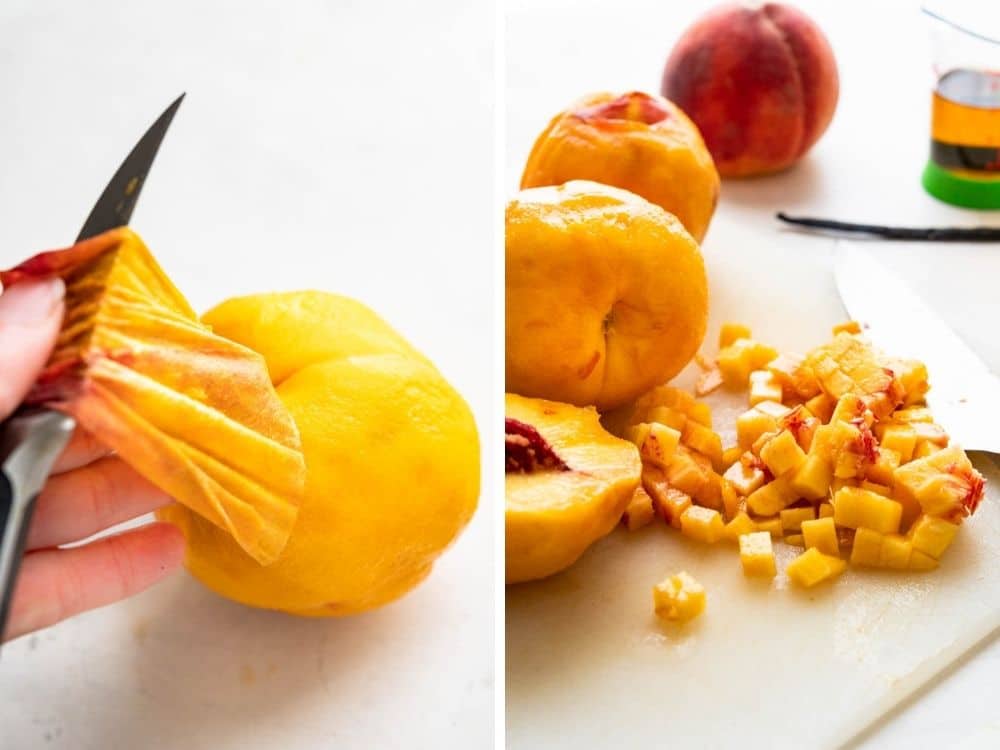 peeling and dicing peaches. 