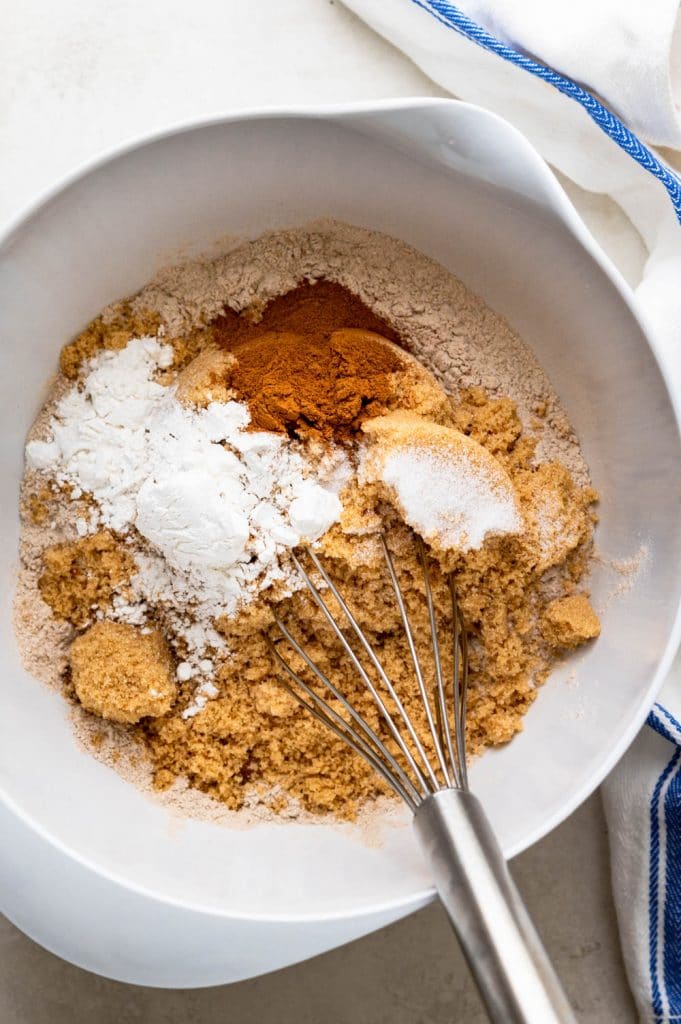 mixing brown sugar and cinnamon with the rest of the dry ingredients. 