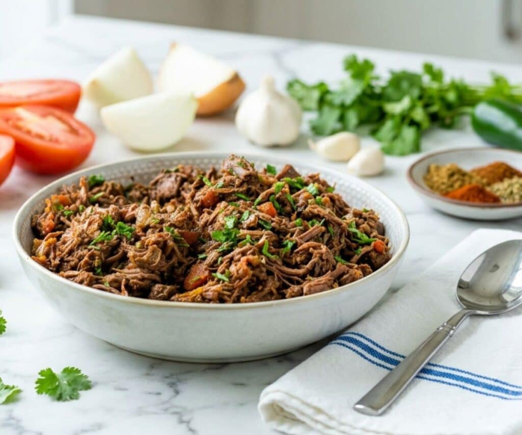 Mexican shredded beef in a white bowl with extra ingredients in the background.