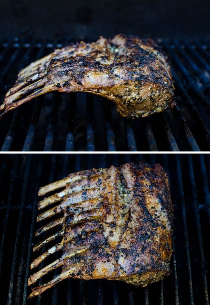 grilling the rack of lamb on a gas grill.