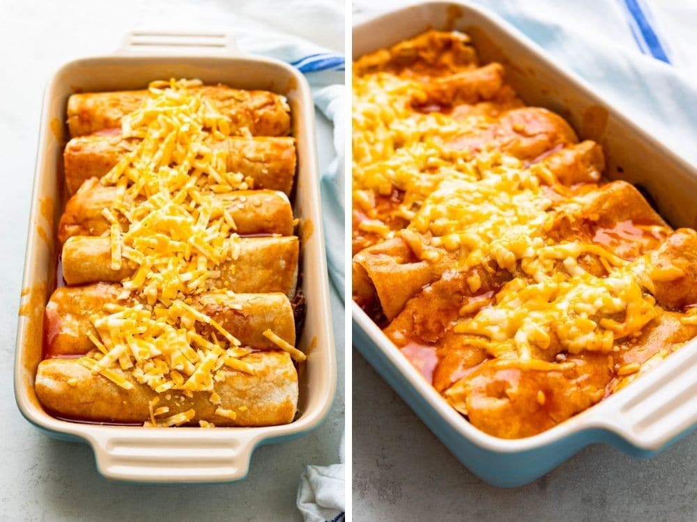 the assembled beef enchilada casserole covered with cheese, before and after baking.