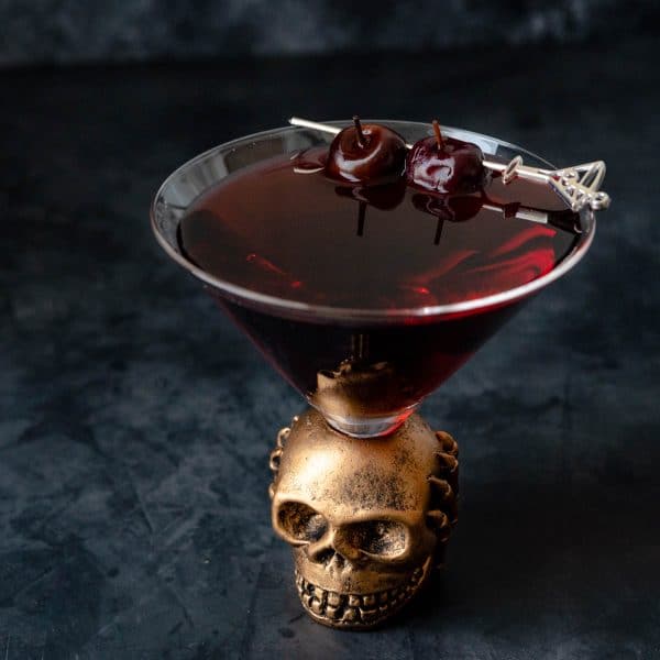 drunken cherry martini in a skull glass.