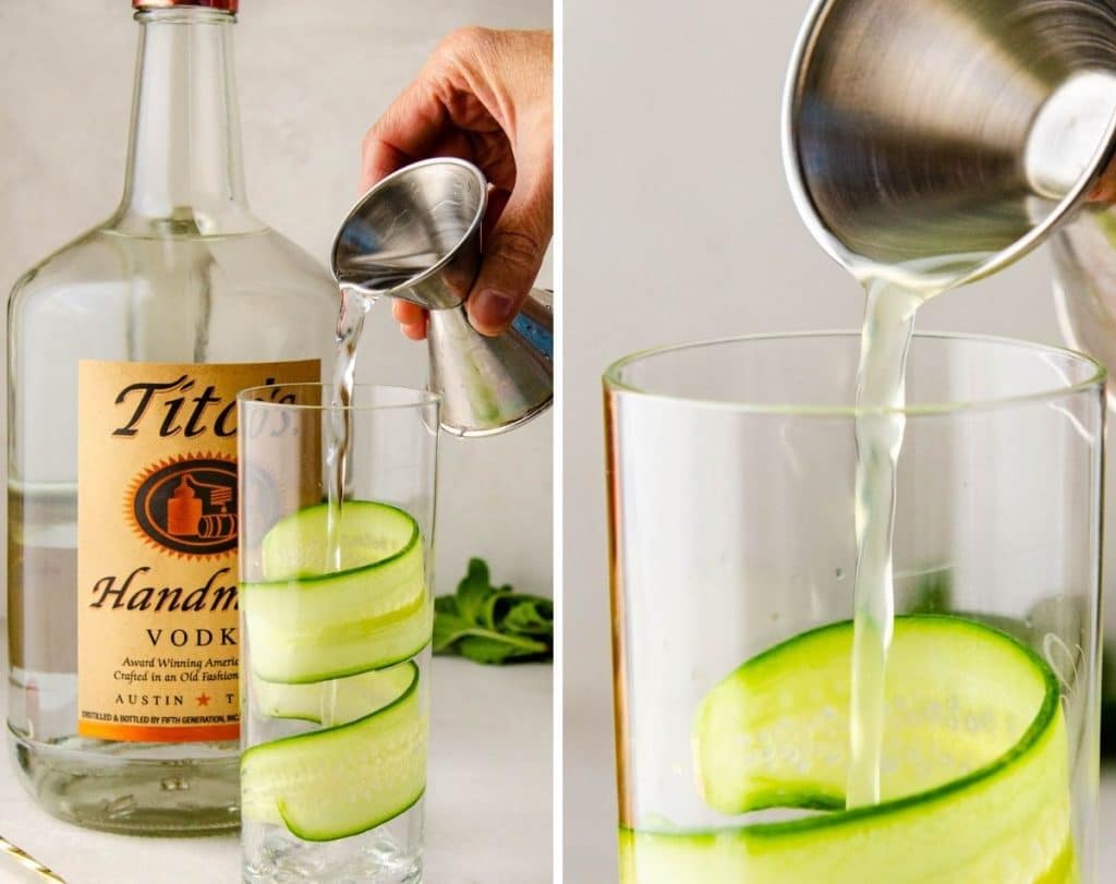 adding vodka and cucumber juice to a highball glass.