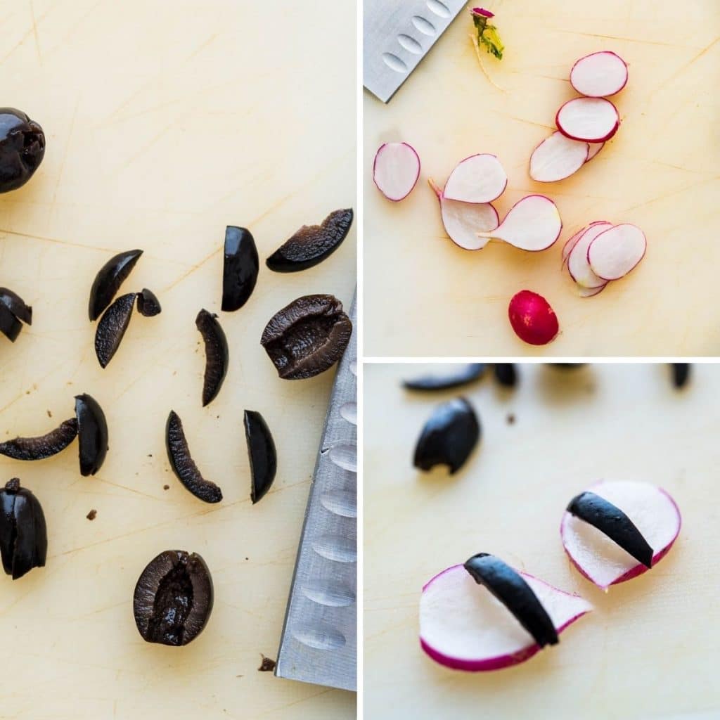 slicing radishes and black olives for the spooky eye decoration.