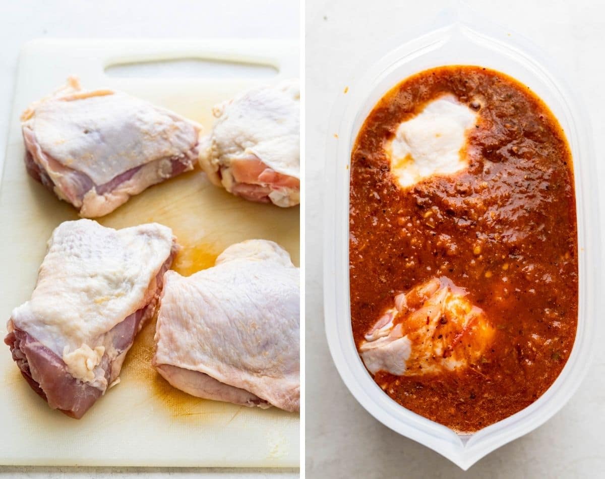 Trim the chicken, place in a Zip Top bag and pour the marinade over.