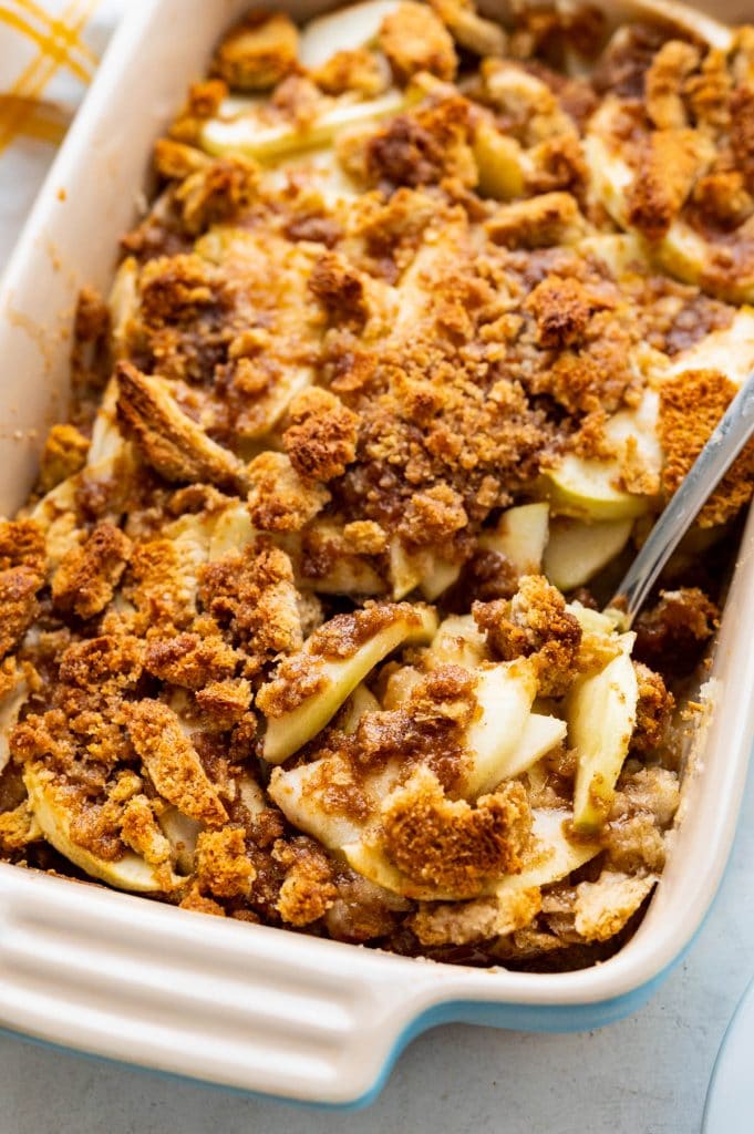 Apple Brown Betty hot from the oven with a crispy topping and glistening apples.