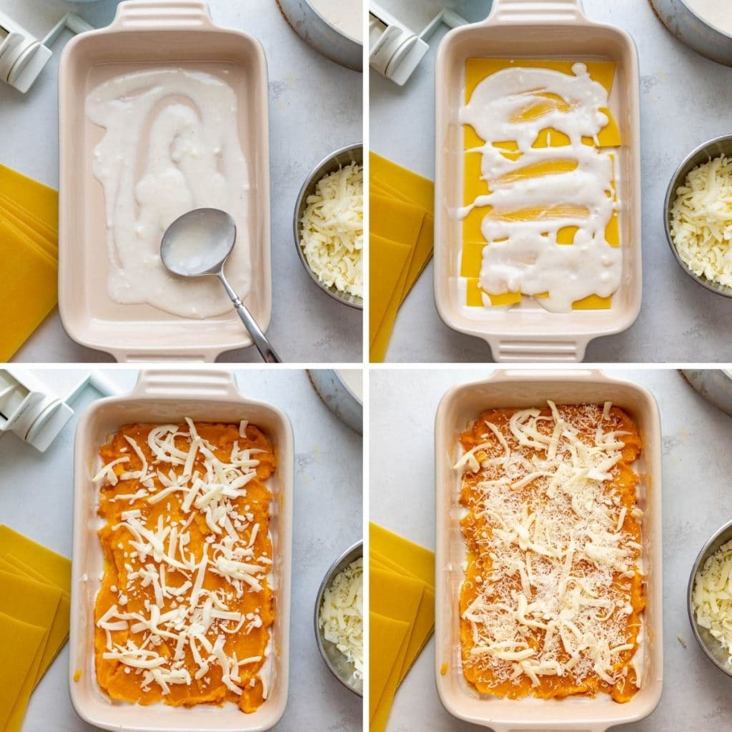 assembling butternut squash lasagna in a casserole dish.