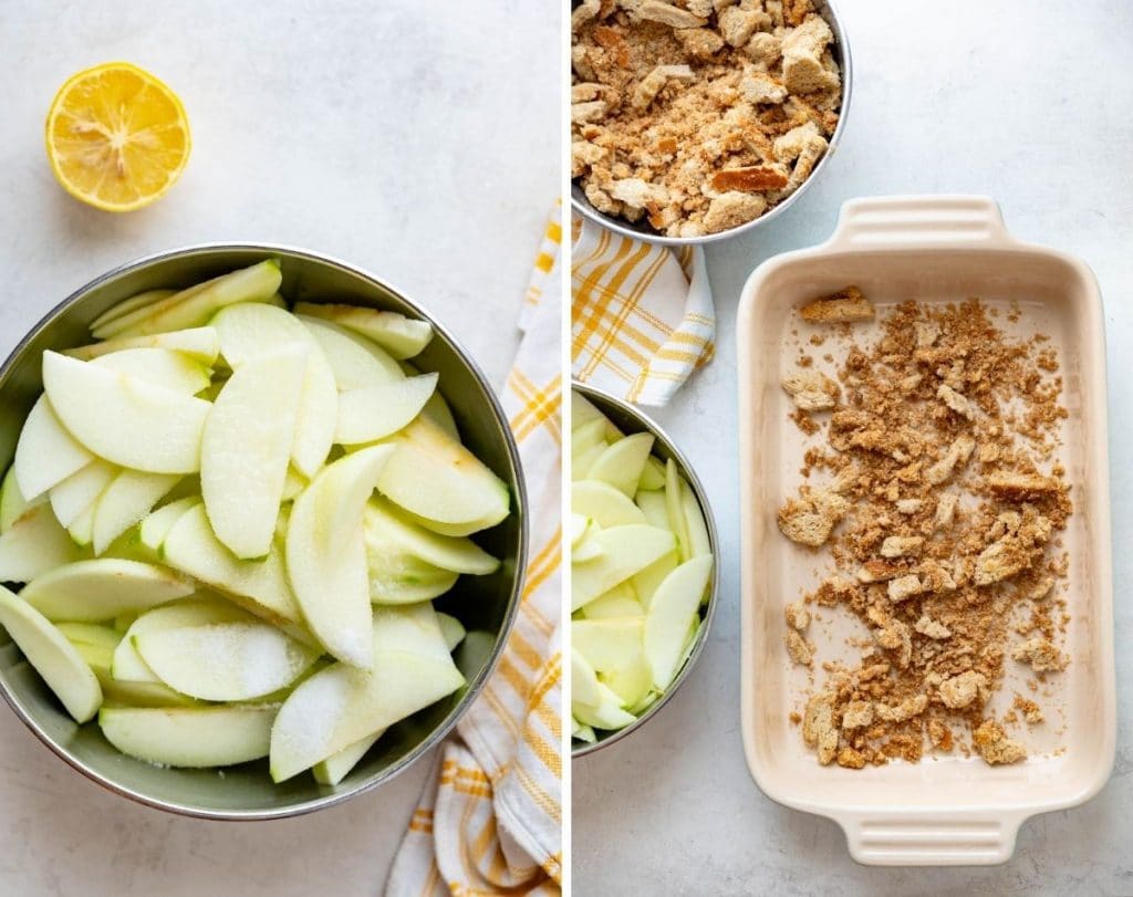 layering apples and  brown betty crumble in a casserole dish.