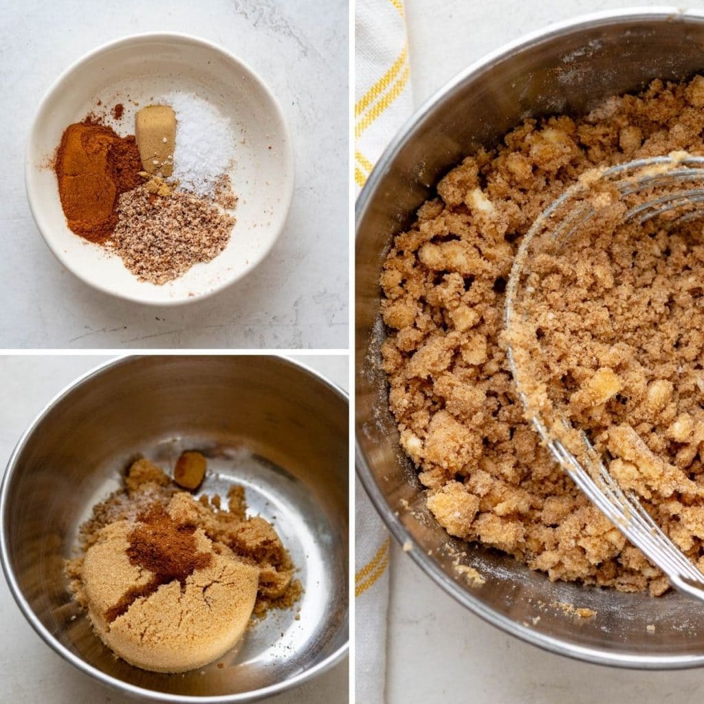 Mixing the cinnamon ginger crumble to in a bowl with spices.