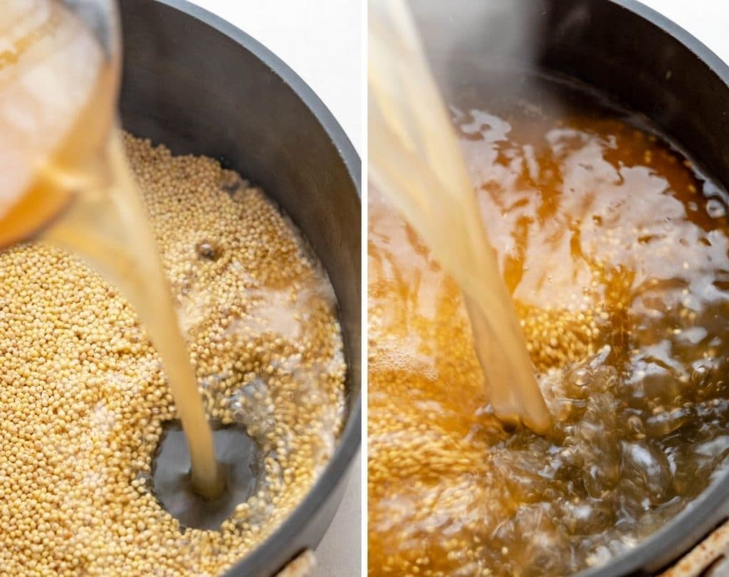 using stock or broth to cook the hulled millet seeds.