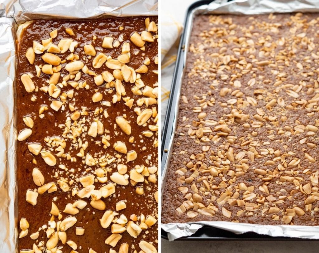 peanut bars before and after baking.